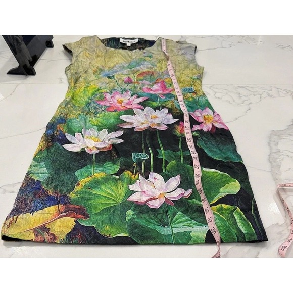 Lez‎ a Lez Silk Dress Womens Medium Multicolor Lotus Floral Sleeveless Sheath - Picture 9 of 9